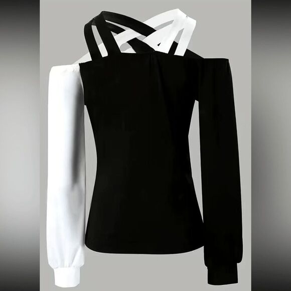 Black and white cold shoulder long sleeve crisscross top. NWOT - Picture 3 of 7